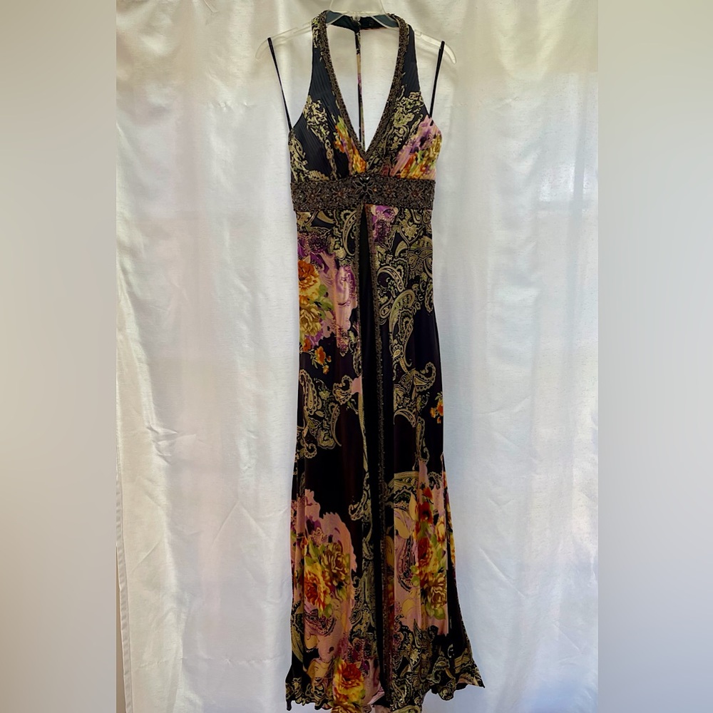Sue Wong silk and beaded full length black and floral  halter dress